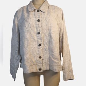 Carole Little Womens Jacket L Beige Paisley Embroidered Linen Trucker